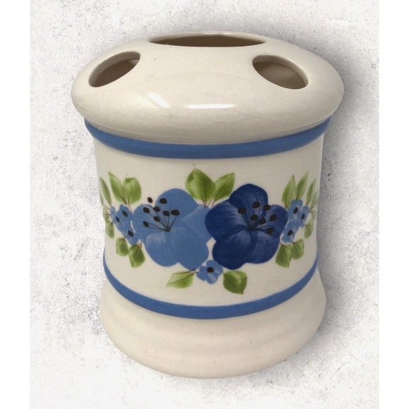 Vee Jackson Toothbrush Holder Handpainted Blue Floral Vintage California Pottery - Picture 1 of 5